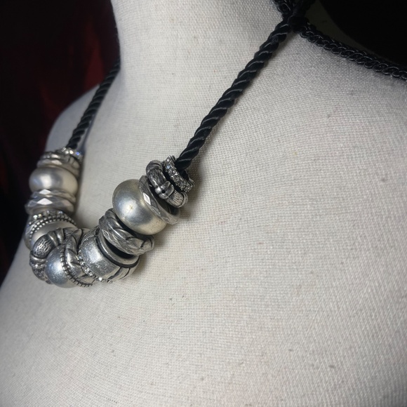 Chico's Black Cord with Large Silver Rhinestone Bead Necklace - Picture 2 of 3